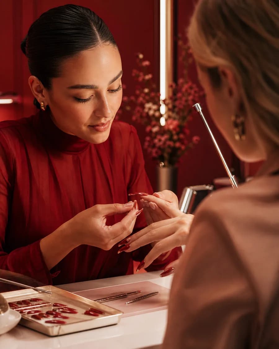 A nail artist fitting a GLAZEM client