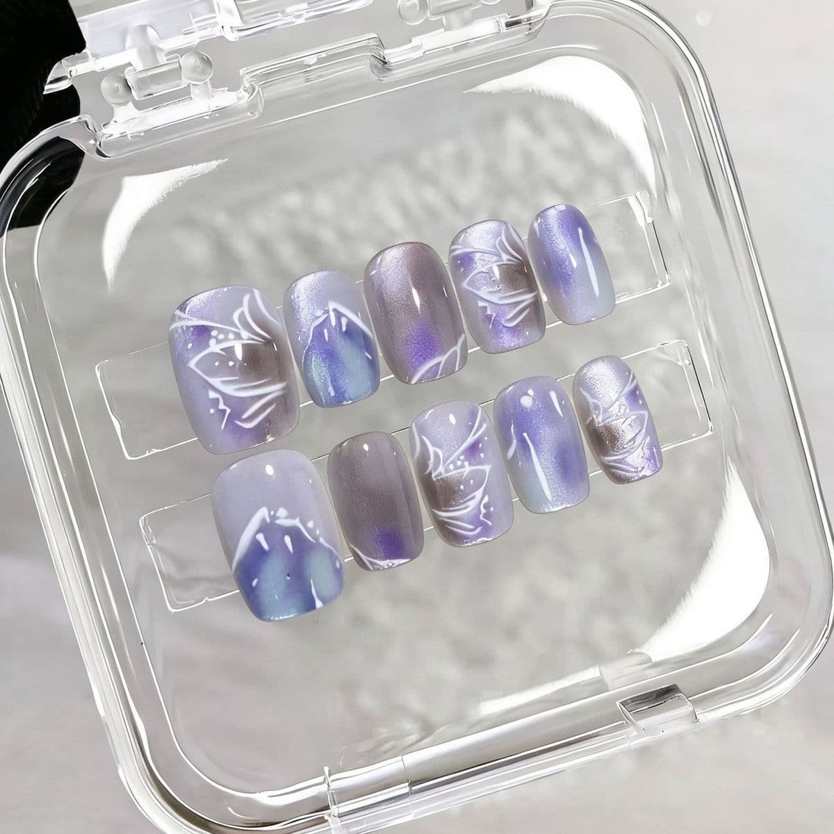 Purple Cat Eye Press On Nails Glossy Butterfly Coffin Square Nails 10pc image