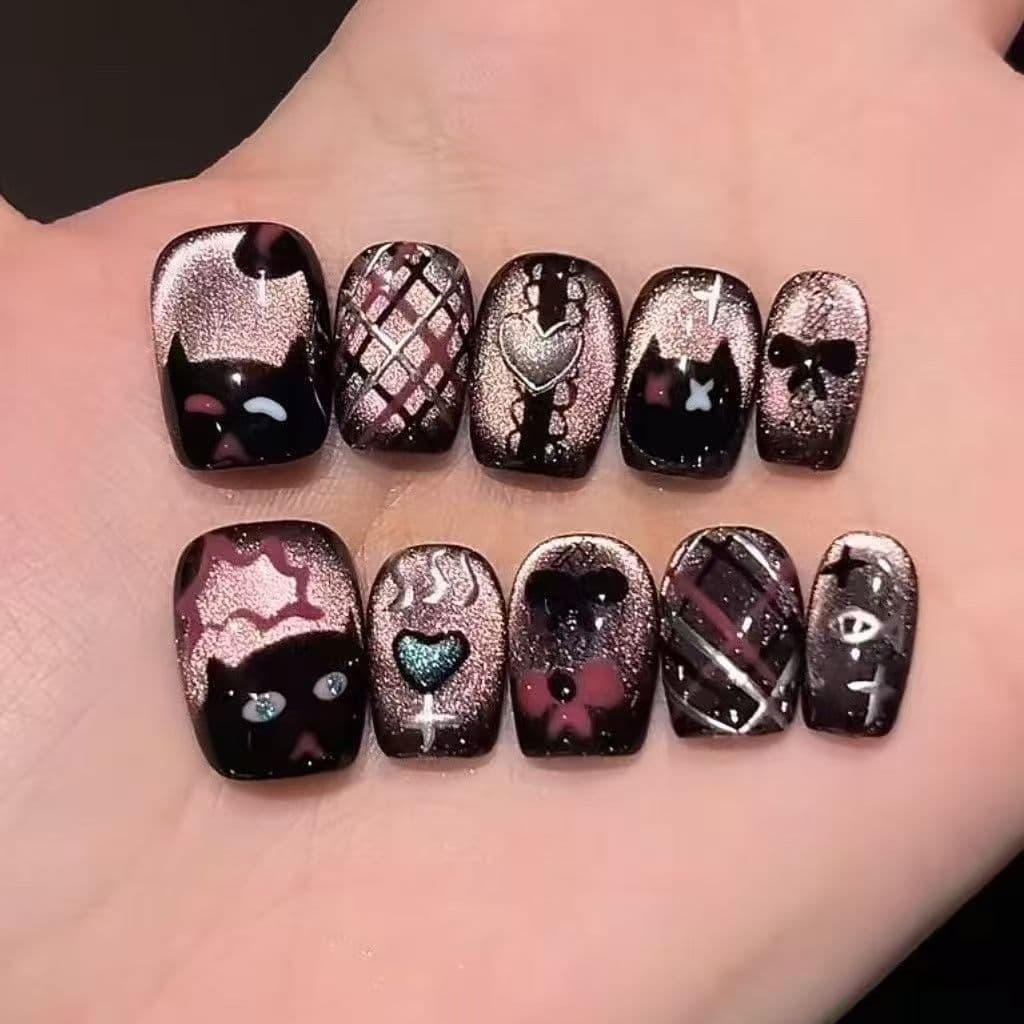 Black Pink Glitter Press On Nails Cute Cat Bow Heart Gothic Nail Art 10pcs image