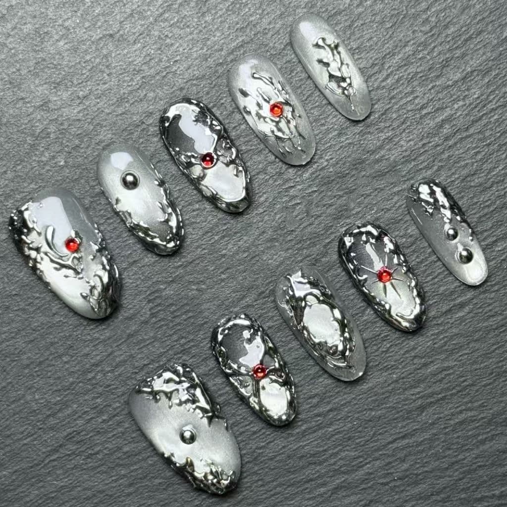 Silver Chrome Press On Nails Red Gem Gothic Mirror Metallic Oval Nail Set image