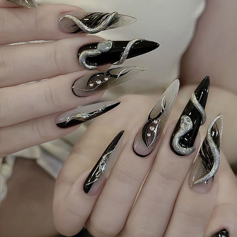Black White Snake Press On Nails Gothic Ombre 3D Glitter Long Coffin Set image