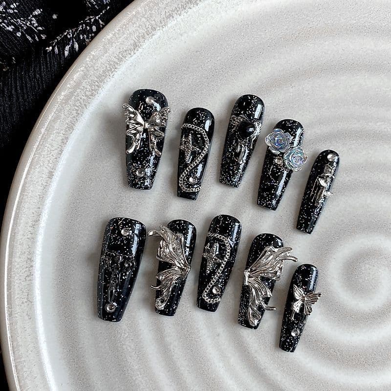 Black Gothic Press On Nails 3D Butterfly Cross Silver Charm Coffin Set image