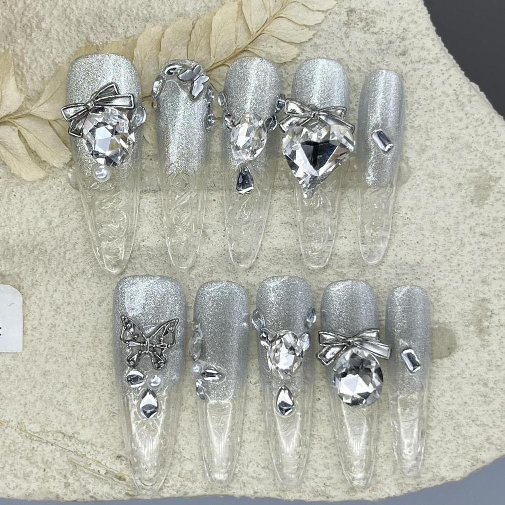 Silver Cat Eye Press On Nails Clear Crystal Rhinestone Luxury Stiletto Set image