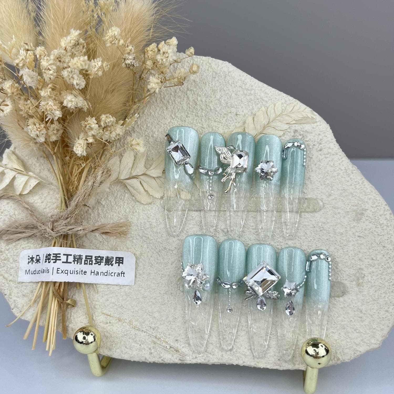 Mint Green Crystal Press On Nails 3D Embossed Rhinestone Luxury Stiletto Set image
