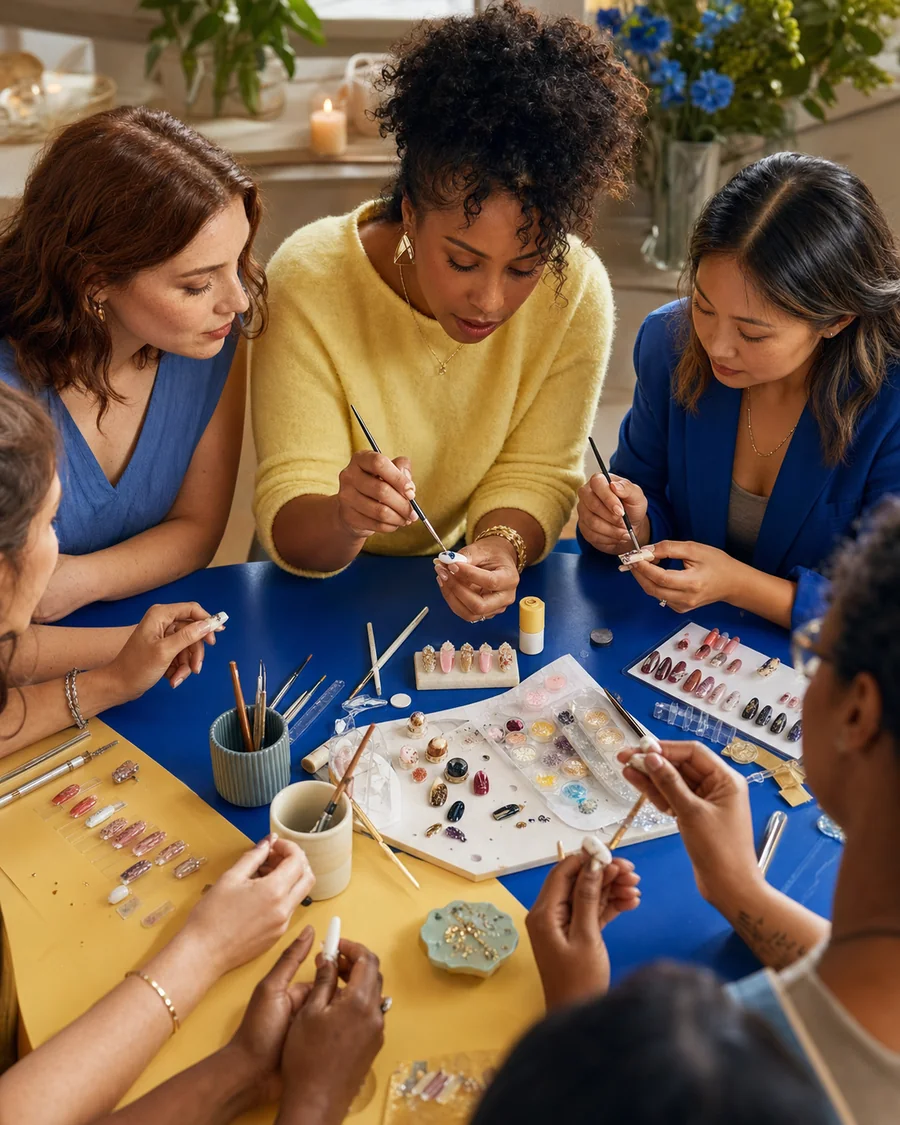 A nail artist teaching an advanced embellishment technique
