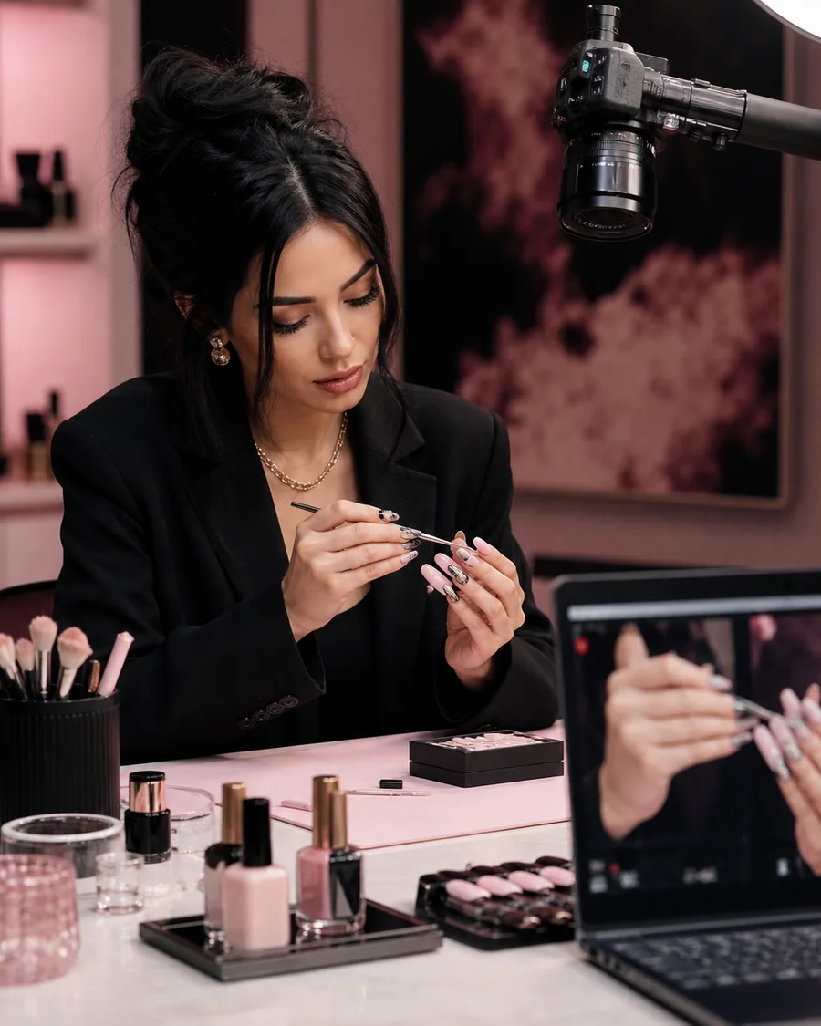 An independent nail artist filming a GLAZEM masterclass